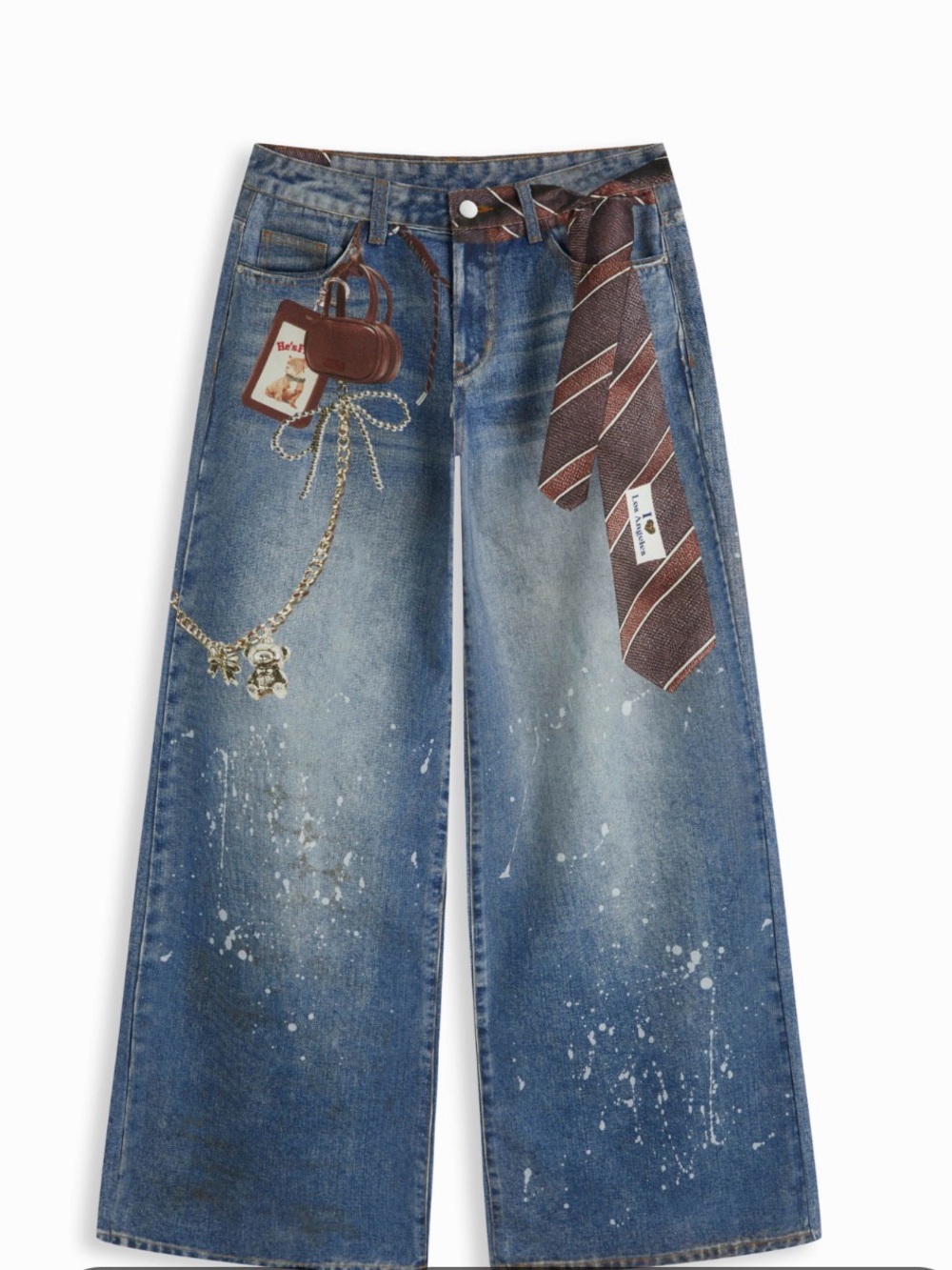 Cider Blue Distressed Wide-Leg Jeans with Printed Accessories